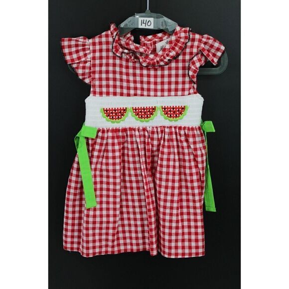 MARIE NICOLE CLOTHING RED/WHITE GINGHAM WATERMELON SMOCKED 3XS DRESS FITS LIKE 2 - Picture 1 of 11